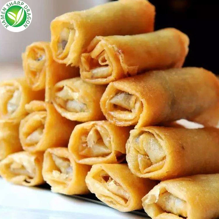 Folded ends of golden spring rolls Golden spring rolls stacked with folded ends facing forward