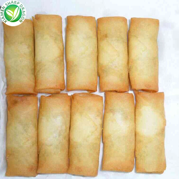 Golden spring roll wrappers in two rows Rectangular golden spring rolls arranged in two rows